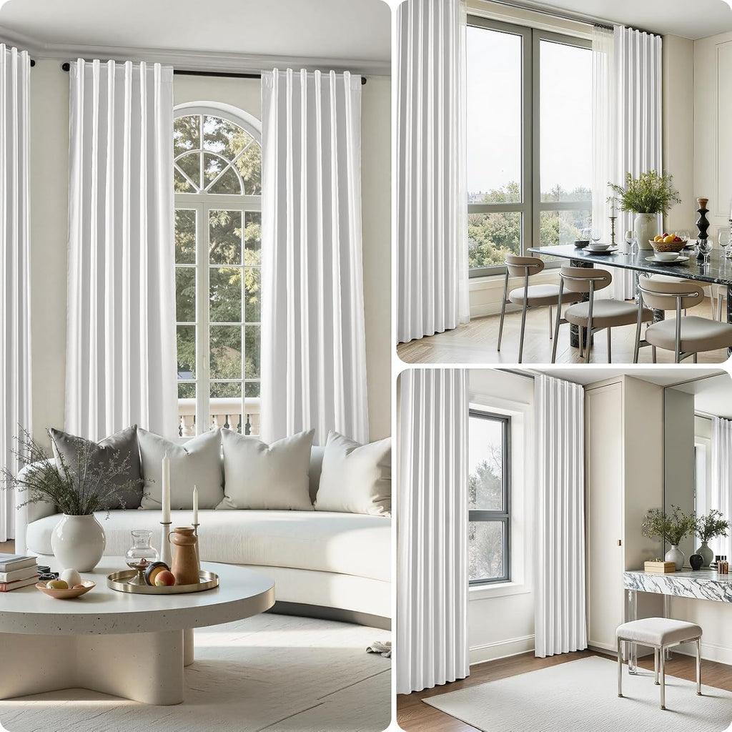 100% Blackout Faux Silk Curtains,Greyish White Noise Reduction Thermal Insulated Room Darkening Window Drapes, Luxury