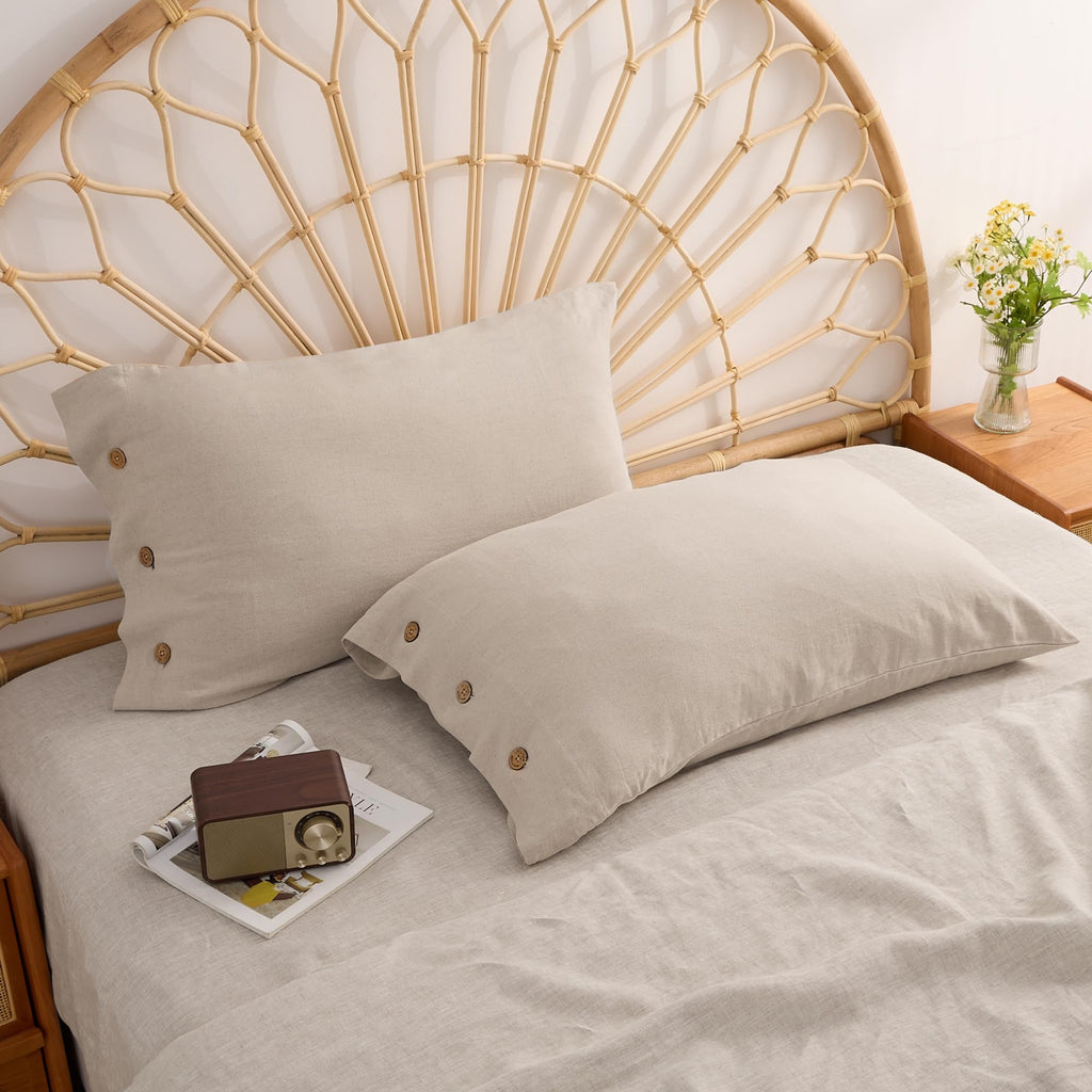Button Closure Linen Pillow Shams King Size Natural Pillowcases