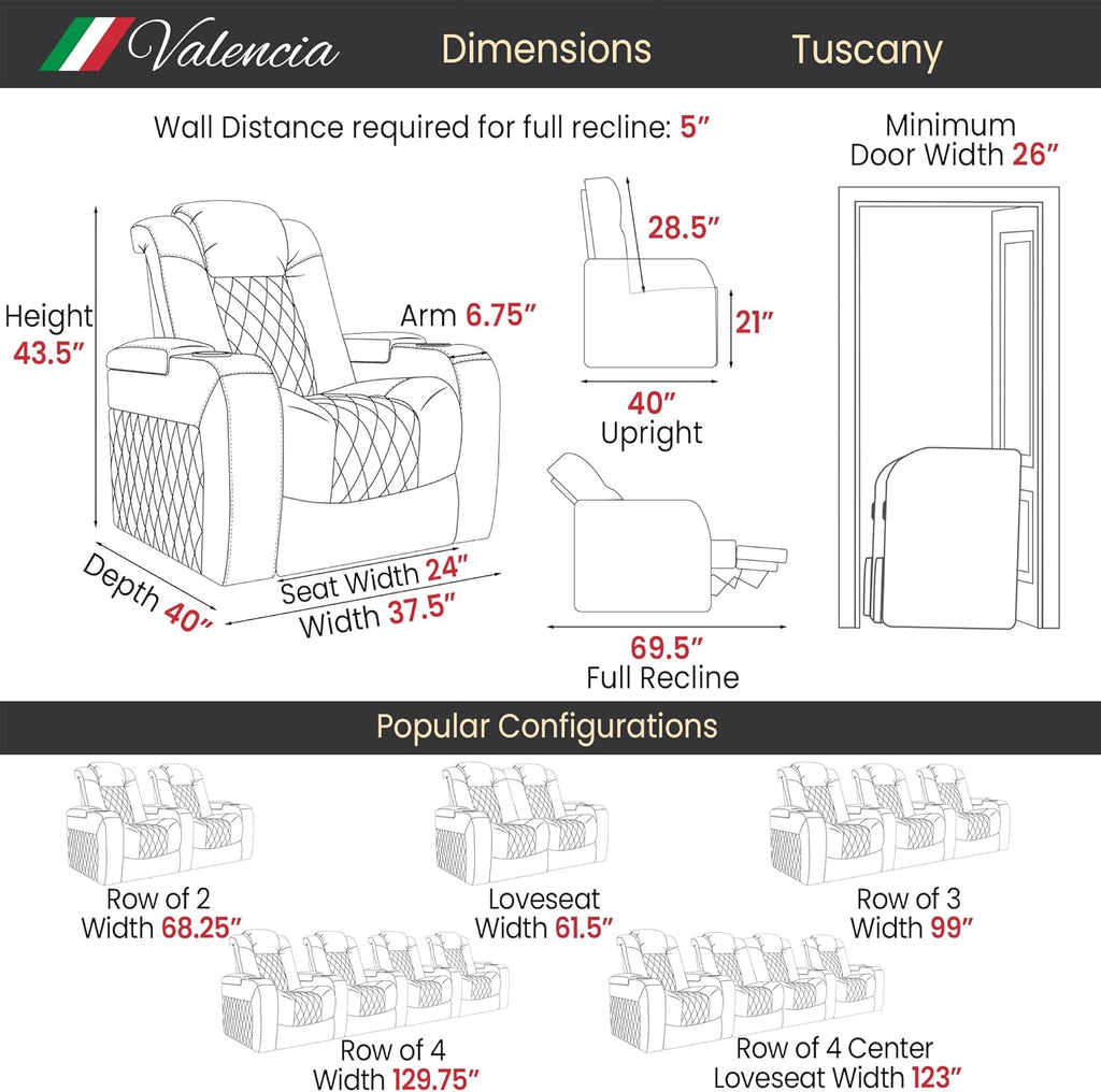 Tuscany Home Theater Seat - Nappa Leather Power Recliner with Cool Gel Memory Foam, USB-C/A Charging, RGB LED Lights