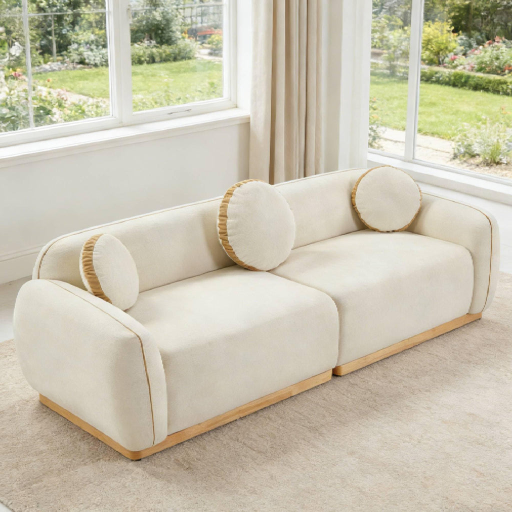 91" Modern Sofa, Upholstered Chenille Couch Curved Sectional Sofas with 3 Round Pillows, Luxury Deep-Seat Comfortable