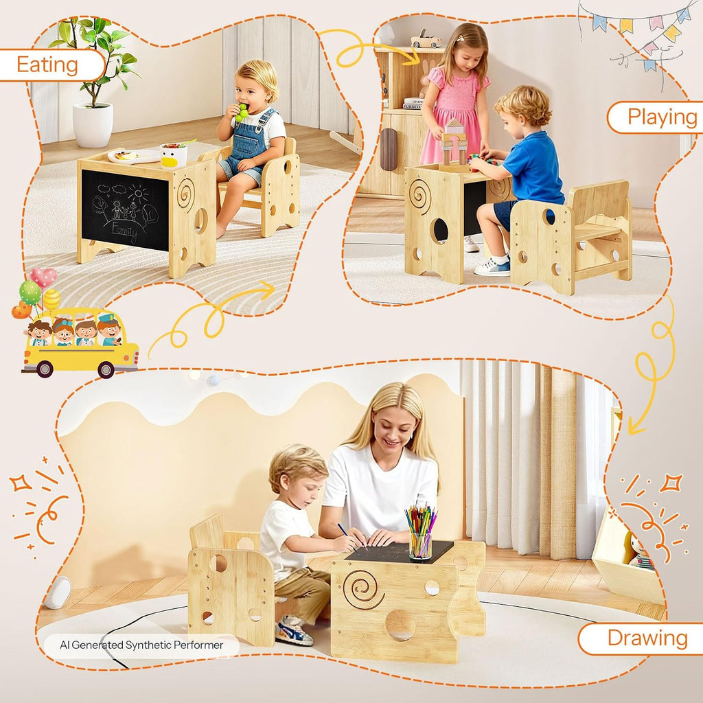 Toddler Table and Chair Set, Bamboo Kids Table and Chair Set with Chalkboard, 3 in 1 Baby Table and Chair for Ages
