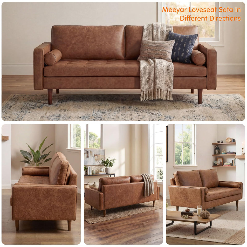 Faux Leather Couch, 70" Mid-Century Modern Sofa, Brown