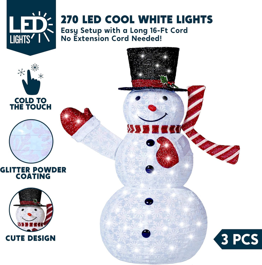 3 Pcs 3D Christmas Collapsible Snowman Yard Light 270 Pre-Lit LED Cool White Lights for Indoor Outdoor Garden Holiday