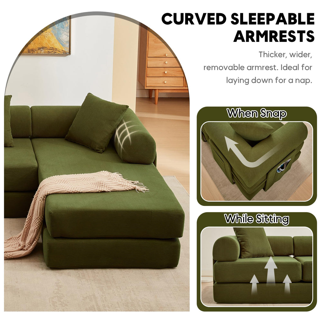107" Modular Sectional Sofa Bed, L-Shape Corduroy Boneless Couch, Green