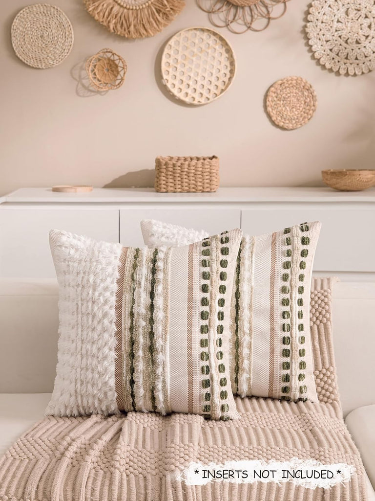Boho Chenille Tufted Couch Throw Pillow Covers 18x18 Inch Set of 2 Farmhouse Striped Decorative Pillow Covers Accent