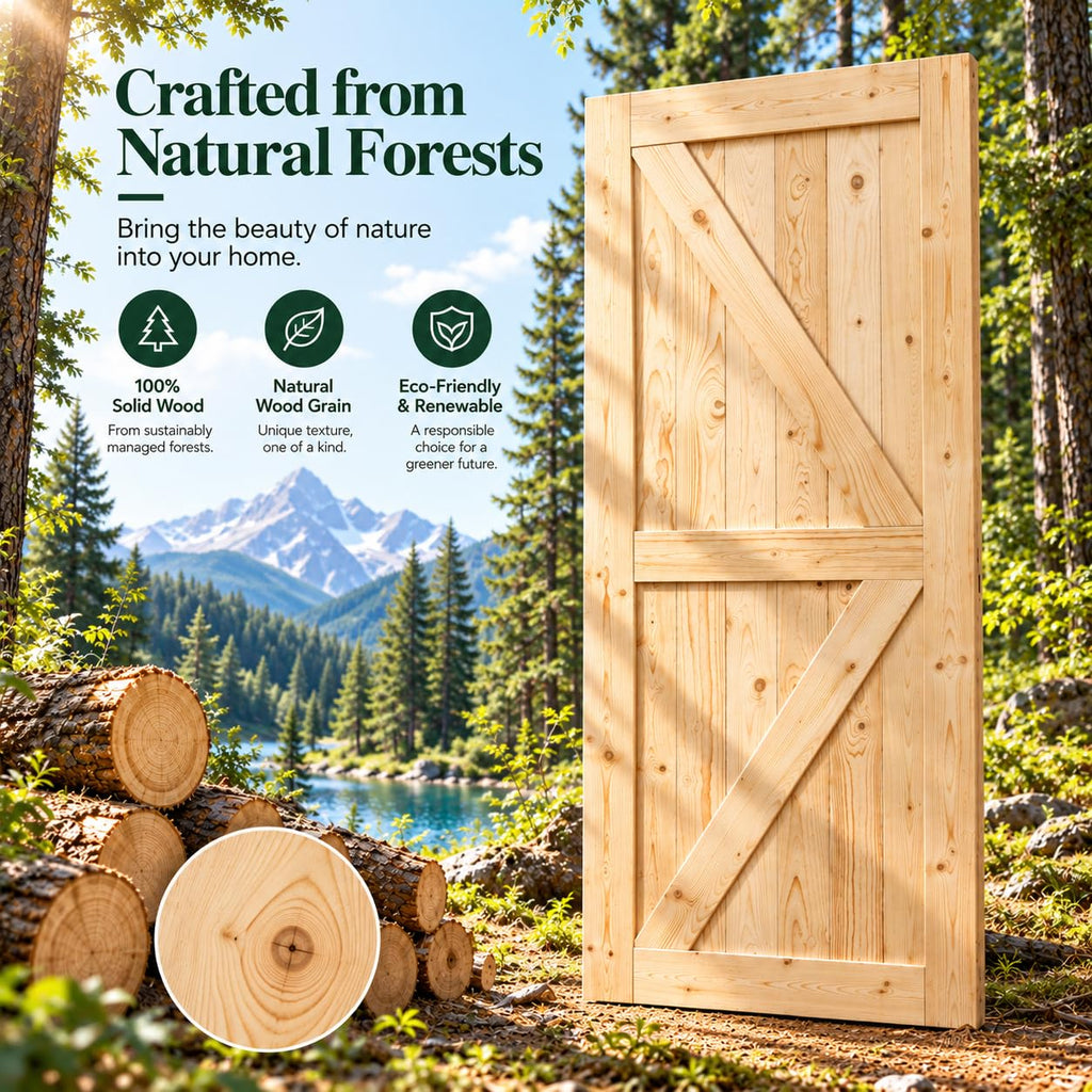 30in x 84in Unfinished British Brace Knotty Barn Door with Sliding Door Hardware Kit/Solid Wood/Sliding/Double