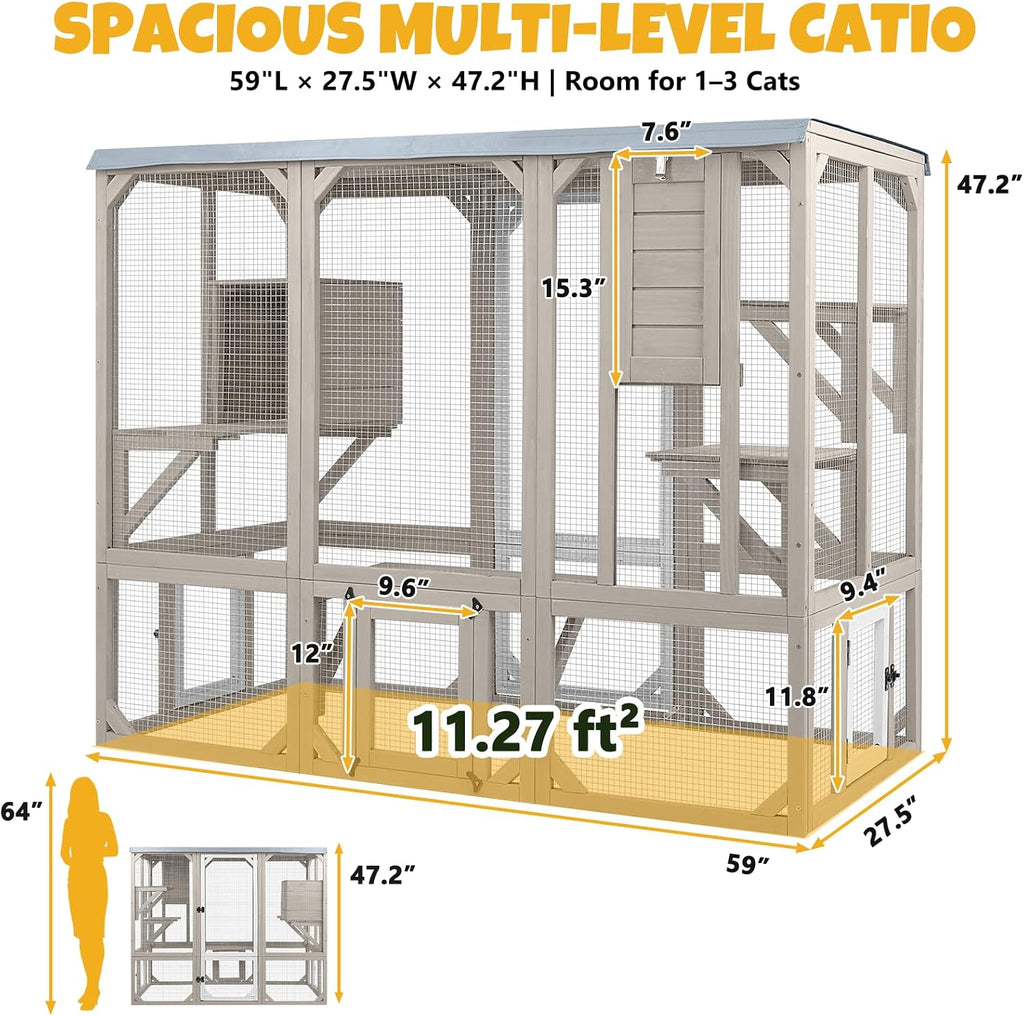 Large Catio Outdoor Cat Enclosure for 1-3 Cats, Multi-Level Wooden