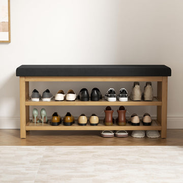 2 Tier Shoe Rack Bench with Cushion, Rubberwood Shoe Benches, Mid-Century Modern Shoe Storage Bench, Closet, Front
