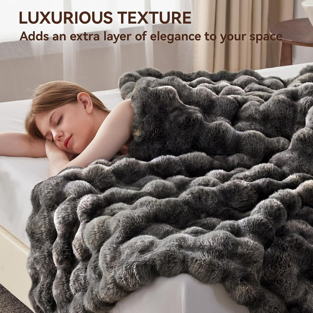 Faux Fur Throw Blanket, 1000GSM Fluffy Soft Bubble Blanket 60''*80'' | Cozy Plush Warm and Thick Blanket for Couch
