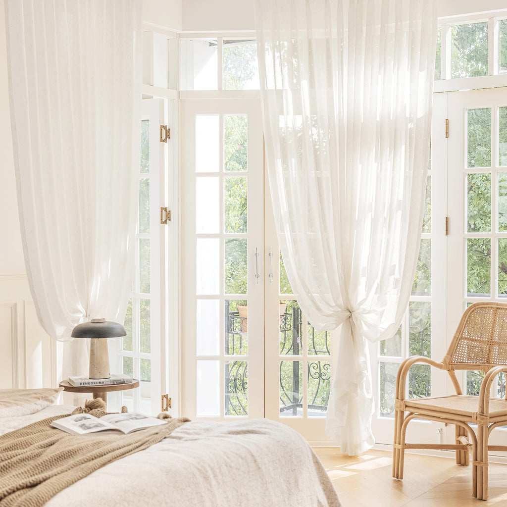 Beige Linen Sheer Curtains, 84 Inches, 2 Panels