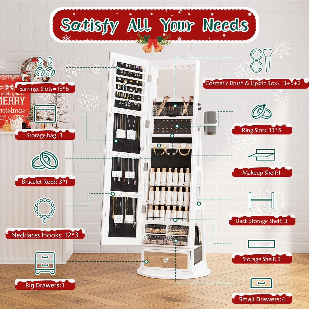 Mirror Jewelry Cabinet Standing, 360° Swivel Full Length Mirror with Drawer