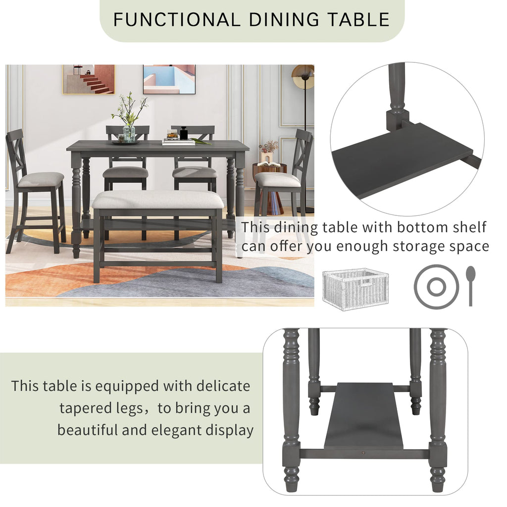 Counter Height Kitchen Table Set with Bench and Chairs for 6 Rustic Solid Wood Dining Room Table Set with Bottom