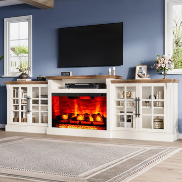 97" Farmhouse TV Stand with 33" Fireplace, White Barnwood