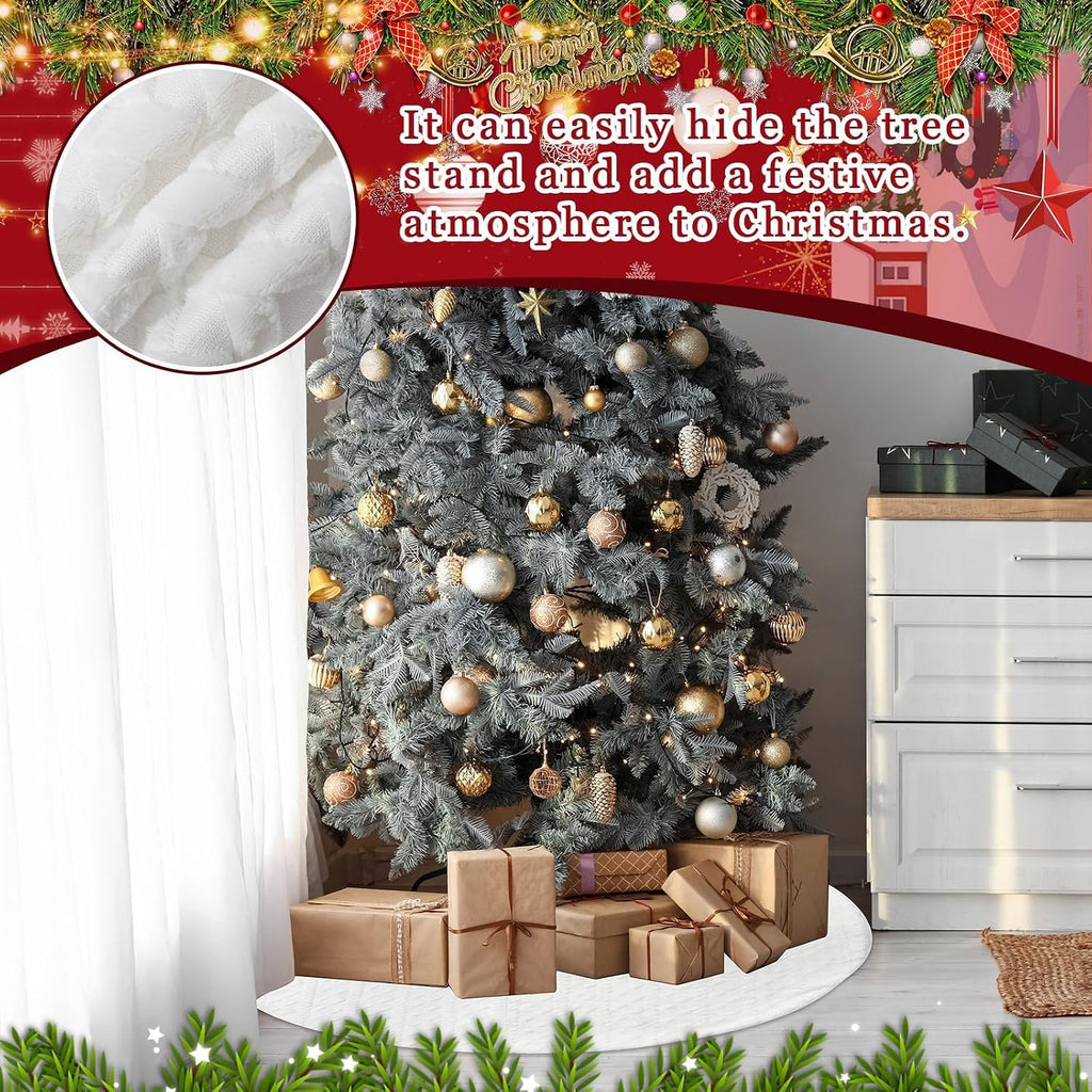 72 Inch Large Faux Fur Christmas Tree Skirt for 7.5ft to 12ft Tree Crossed Diamond Textured Pattern White Christmas