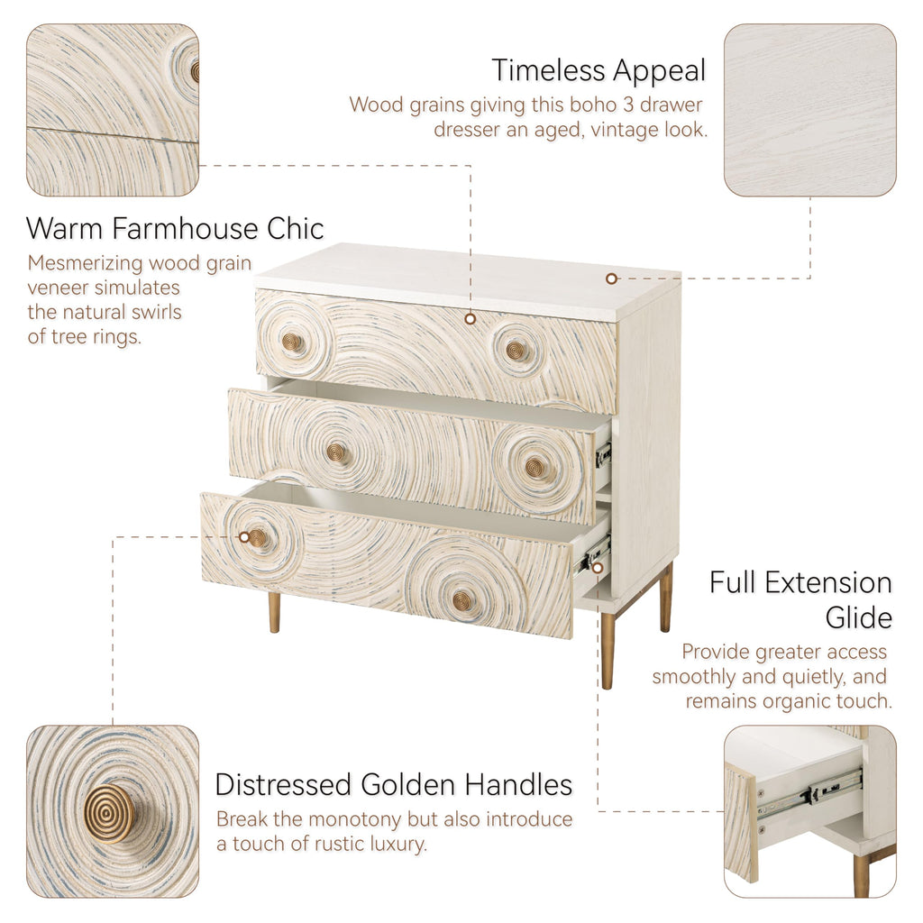 Boho Embossed 3 Drawer Dresser with Ring Motif, White and Gold