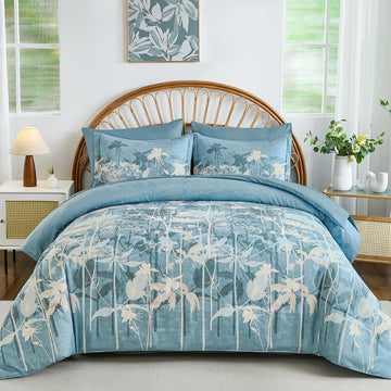 Blue Floral Comforter Set King, 7 Piece Dandelion Botanical Plant Comforter Bedding Set, Bed in a Bag King