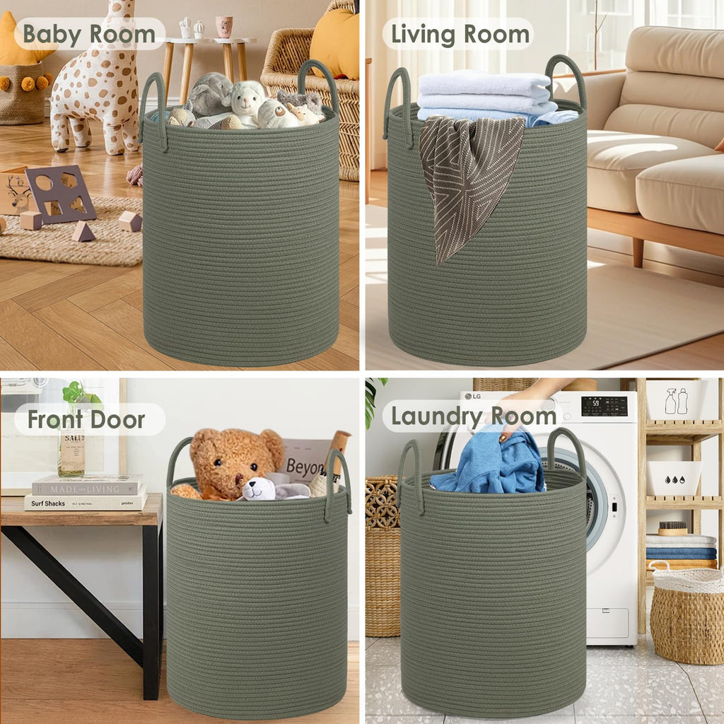 Laundry Basket, 18x18X22 Cotton Rope Storage Basket with Handles, Kids Girl Baby Laundry Hamper, Dirty Clothes