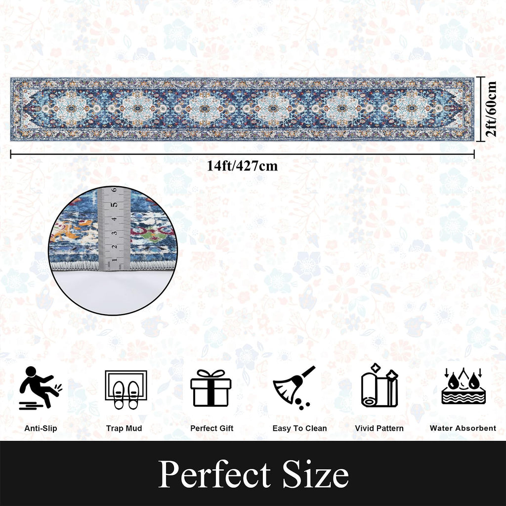 2'x14' Boho Hallway Runner Rug Non Slip Washable Runners, Blue
