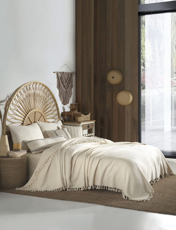 Handmade Undyed Natural Cotton Herringbone Large Throw Blanket with All-Around Fringes - Soft, Lightweight Sofa &