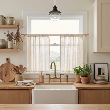 Kitchen Semi Sheer Linen Curtains 24 Inch Long, Light Filtering Window Panels Rod Pocket Valance Neutral Drapes for