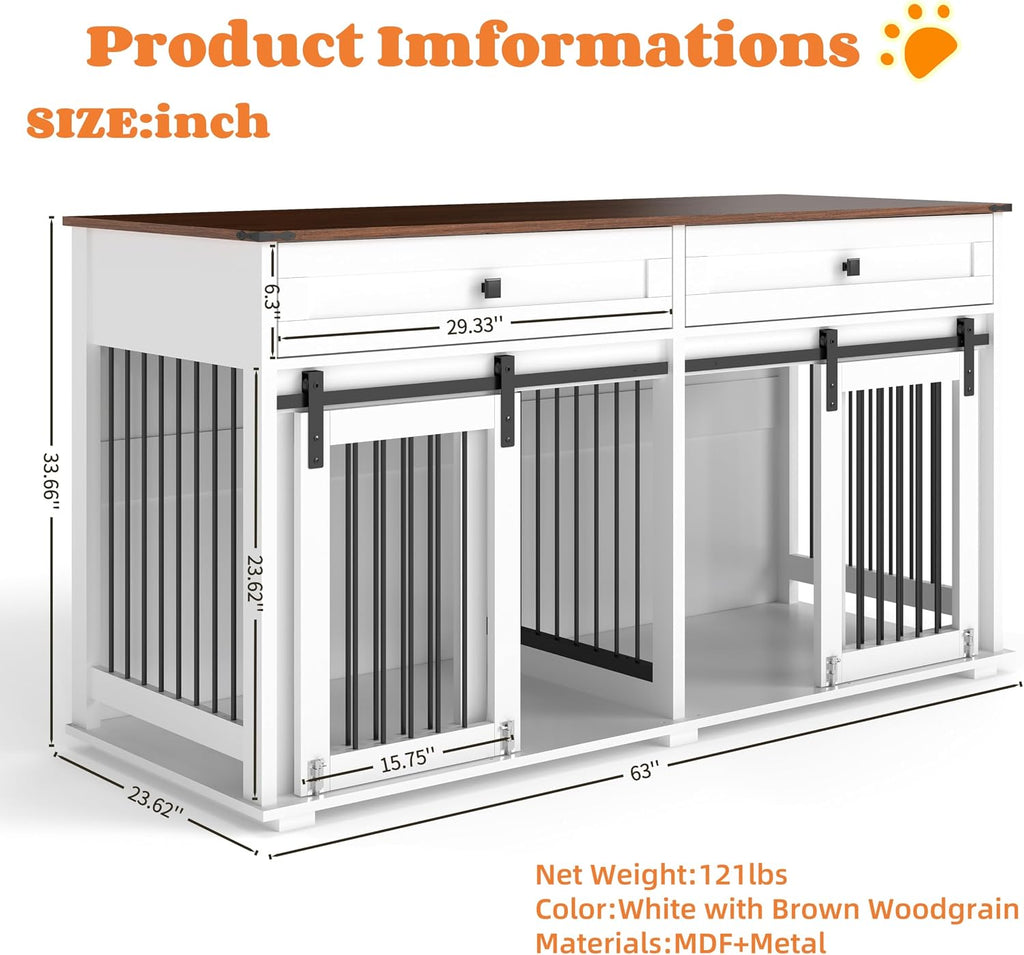 63" Large Dog Crate Furniture Double Dog Kennel with 2 Drawers