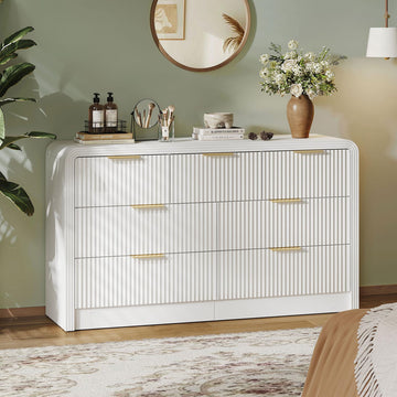 Fluted Drawers, Wood Dressers with Gold Handles, Modern Dressers with Wave Texture, Large Storage Chest of Drawers