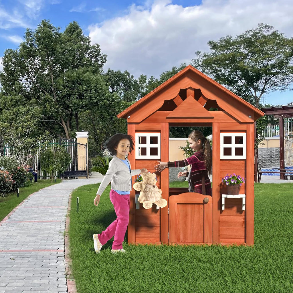 Kids Outdoor Playhouse, Wooden - 42"x46"x55", Golden Red | 100% Fir Wood, Rot-Resistant, 2 Windows + Flowerpot