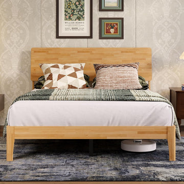 Queen Bed Frame with 3-Level Adjustable Storage Headboard, Solid Wood Platform Bed Frame with Slats, No Box Spring