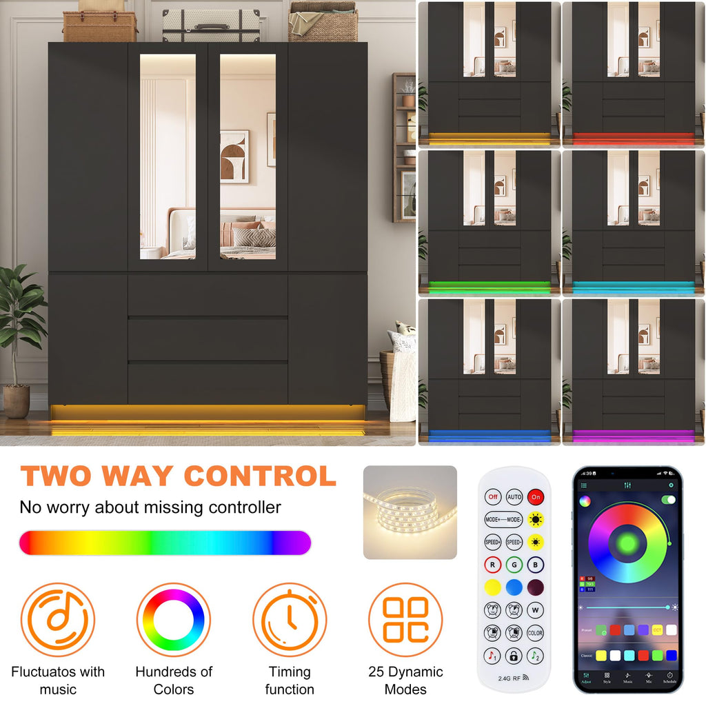4 Doors Armoire Wooden Wardrobe Closet with 3 Drawers & 2 Mirror, 75"H Clothing Storage Cabinet with Hanging
