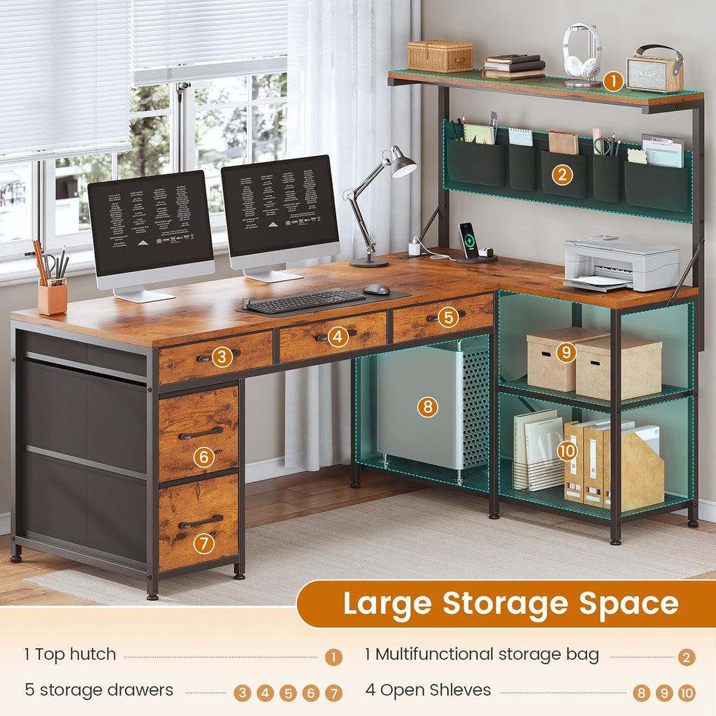 L Shaped Desk with Drawers and Hutch, 47.2" Reversible Office Computer Desk with 5 Fabric Drawers