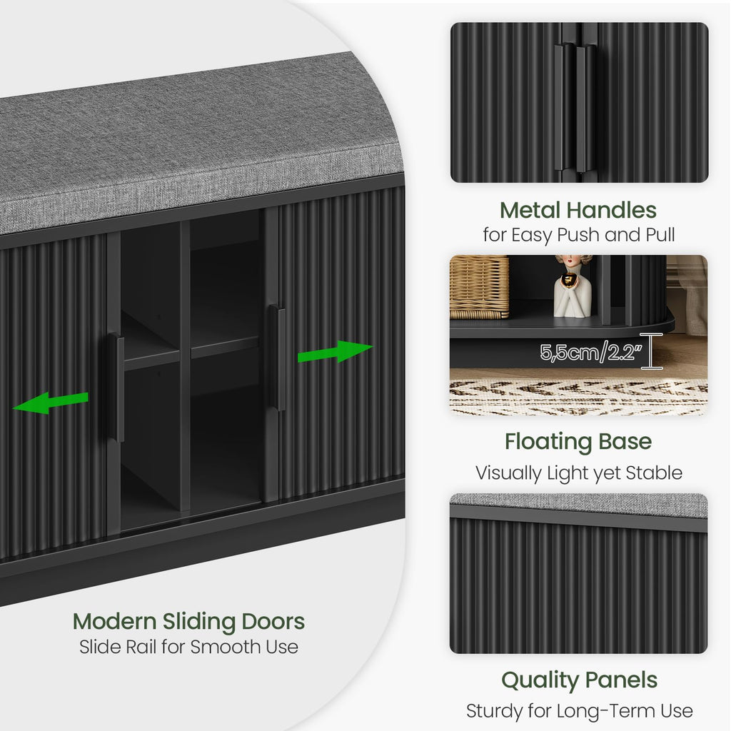 39.4" Fluted Shoe Storage Bench with Cushion and Sliding Door