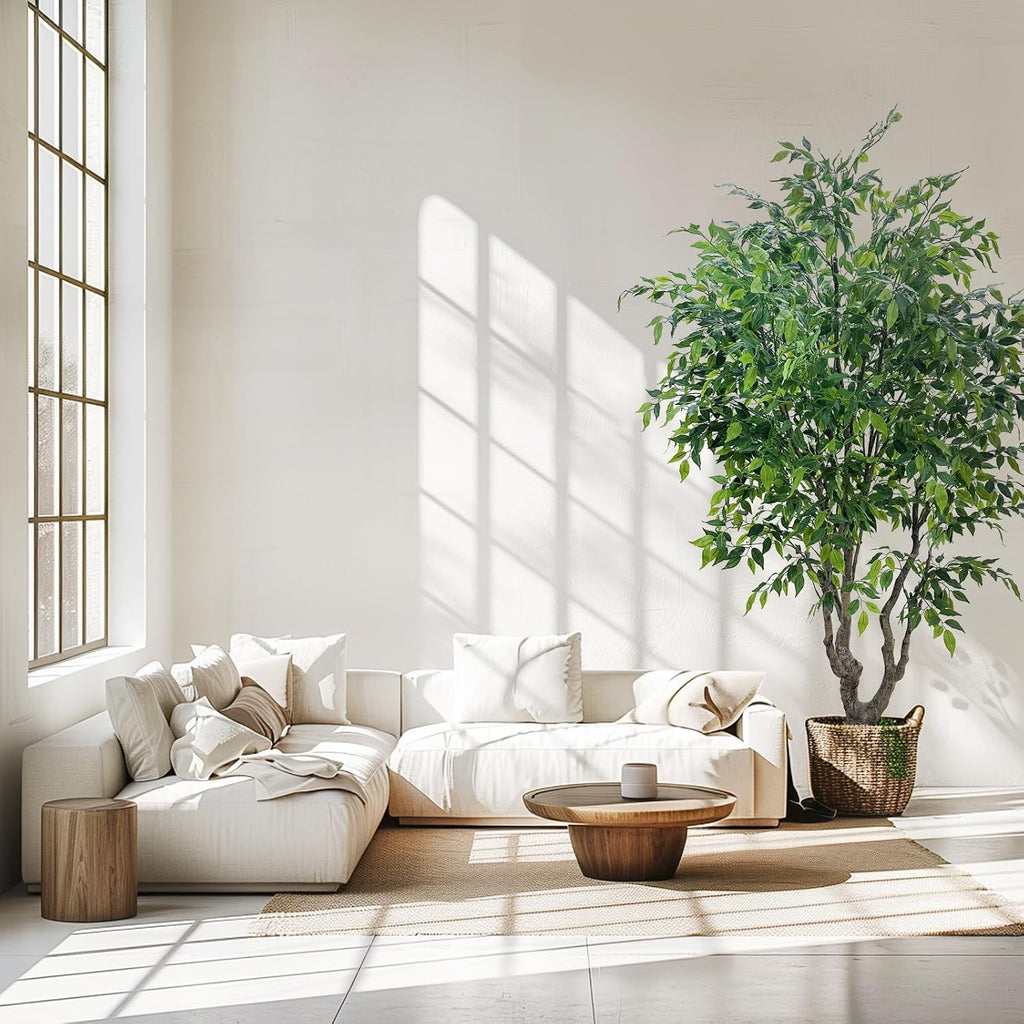 8FT Artificial Ficus Tree - Lifelike Faux Indoor Tree with Natural Trunk, Large Fake Plant & Commercial Interior Decor