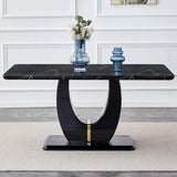 63" Black Marble-Look Dining Table for 6, Modern Rectangular Kitchen & Dining Room Table, Glossy Faux Marble Finish