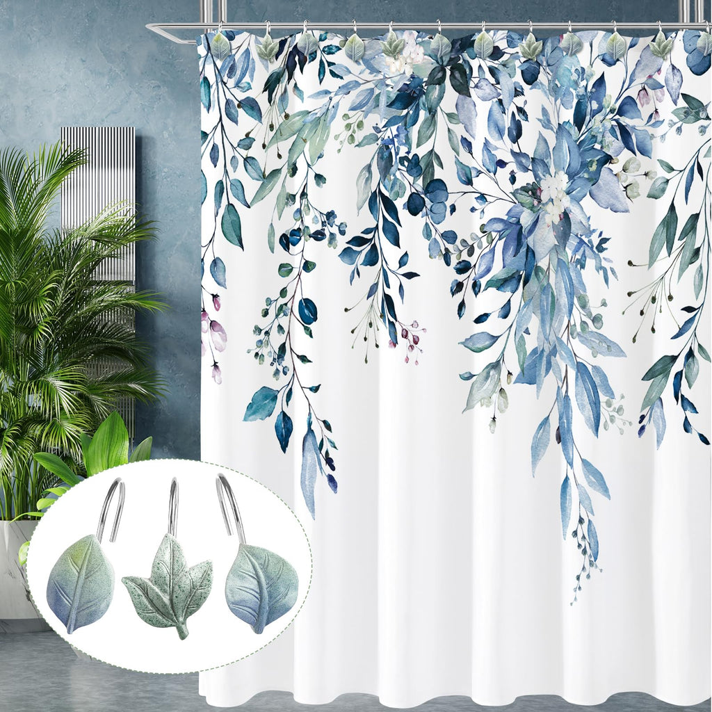 Blue Plant Leaf Shower Curtain Hooks, Eucalyptus Bathroom Decor, 12PCS