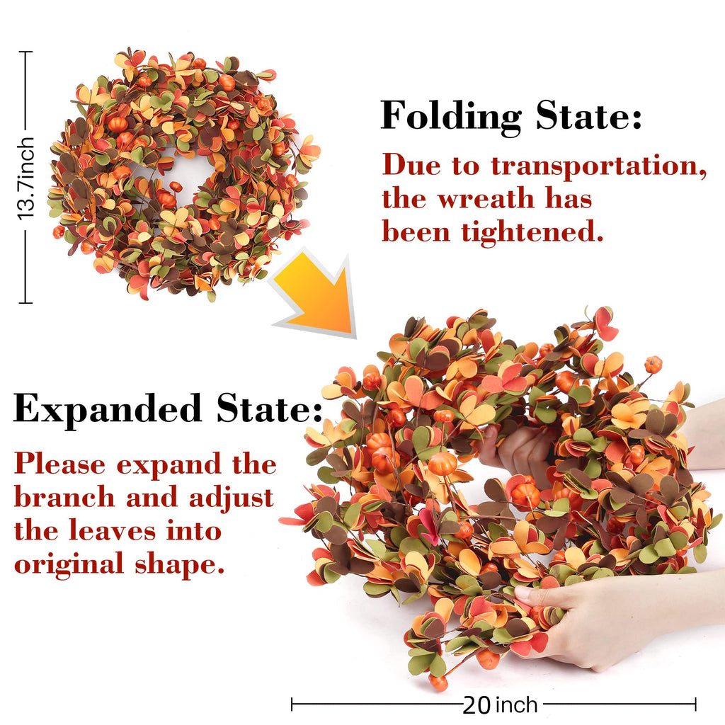 Fall Wreath 20'' Autumn Front Door Harvest with Small Pumpkin Berry Round Leaves Decorations for Outside Indoor Wall