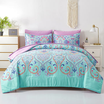 Queen Comforter Set, 7 Piece Bed in a Bag, Boho Aqua and Lilac Damask Medallion Print Comforter with Sheets, Soft