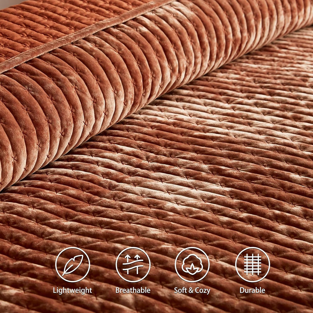 Velvet Quilt King 98''x106'', Lightweight Burnt Orange Velvet Comforter Set with 2 Matching Shams, Soft Cross Stitch