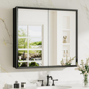 30 x 26 Medicine Cabinet Mirror, Assembly Required, Black Recessed Medicine Cabinet with Mirror, Stepless Adjustable
