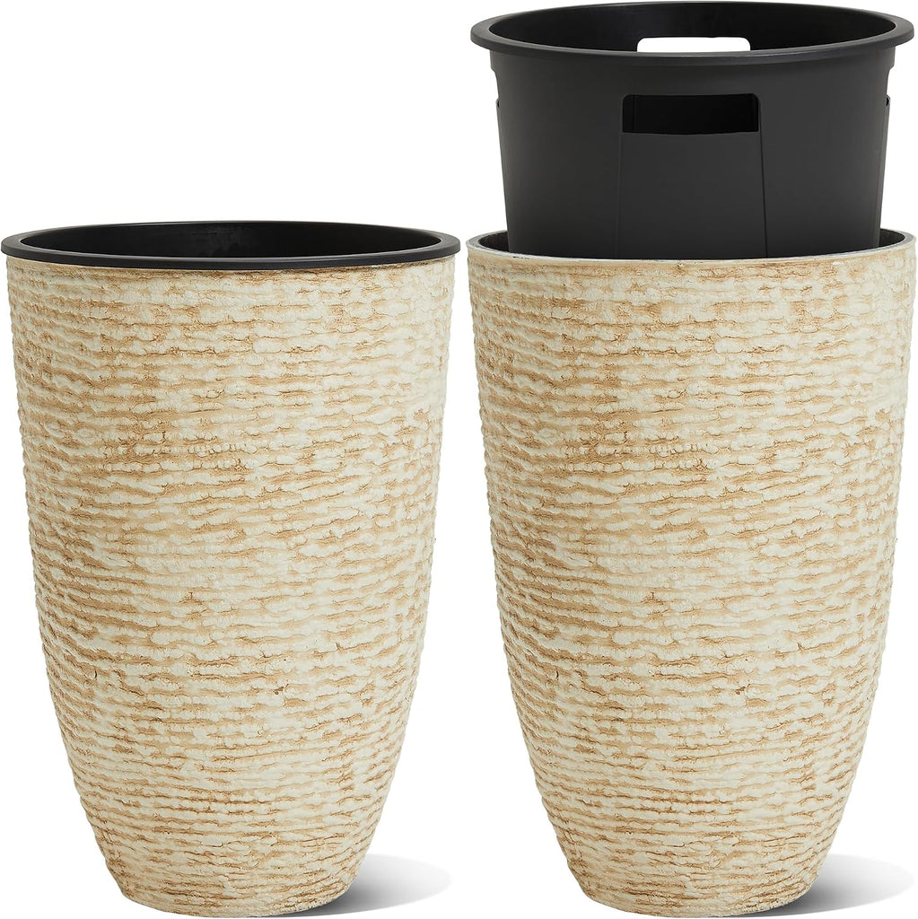 21" H Beige Tall Planters set of 2 with Inside Pots - 14'' Dia Large Round Plant Tree Pots with Drain Hole