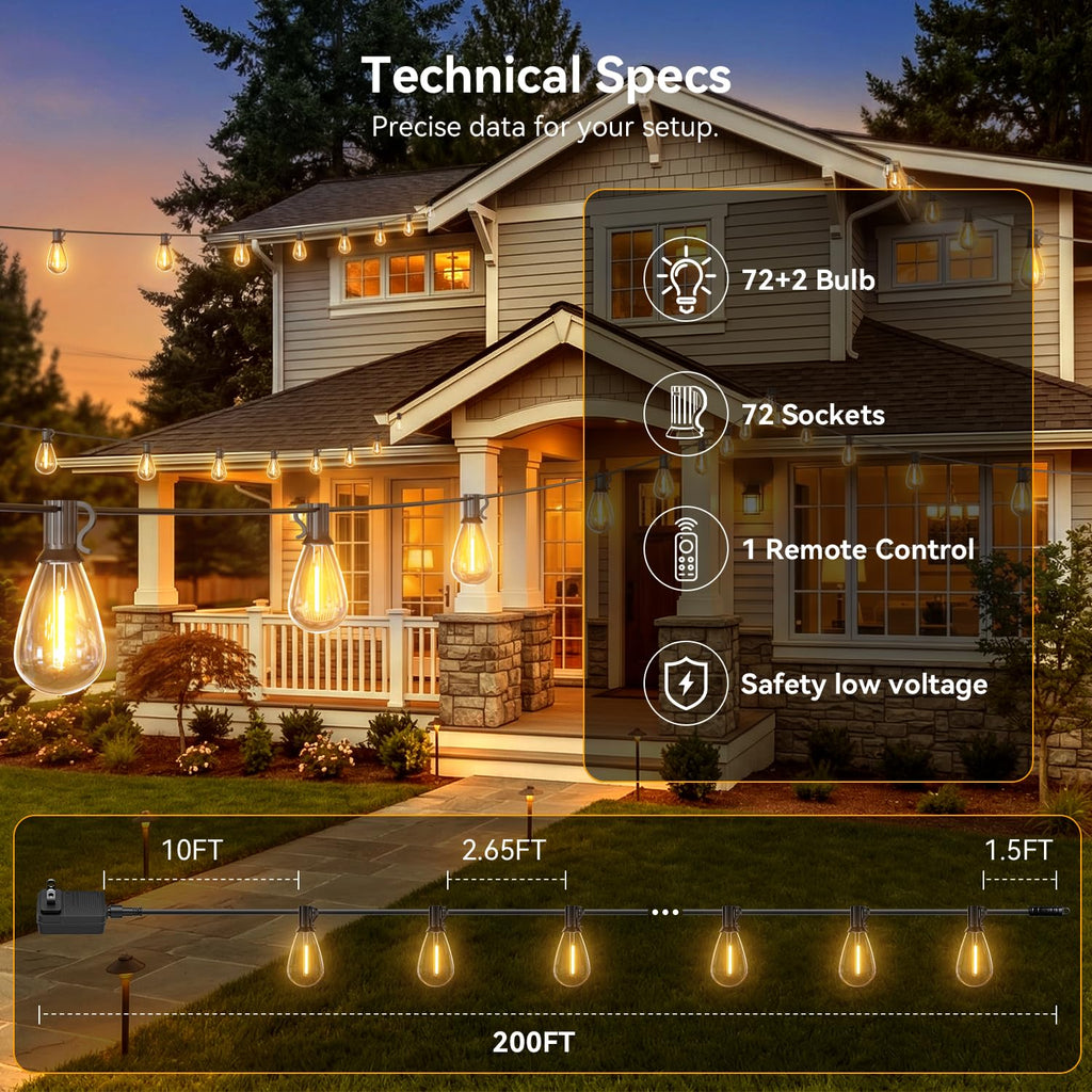 Outdoor String Lights with Remote, Waterproof Patio Lights with 72+2 Shatterproof LED Bulbs, Dimmable Hanging