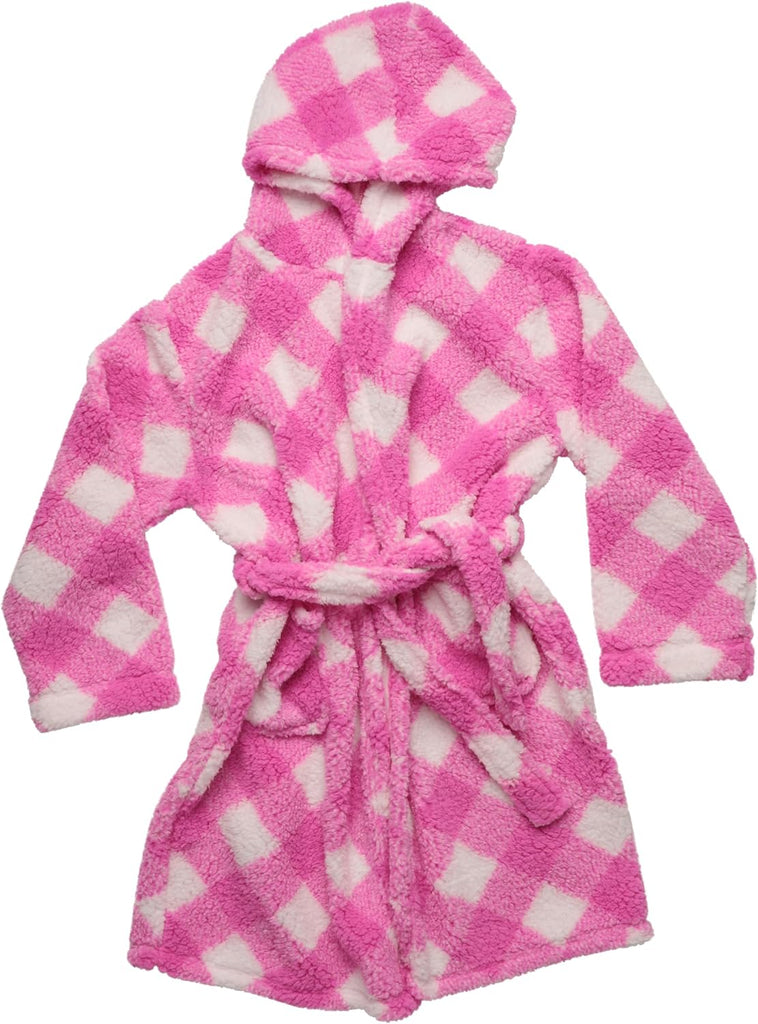 Hooded Plush Fleece Robe for Girls - Fuchsia/White Plaid