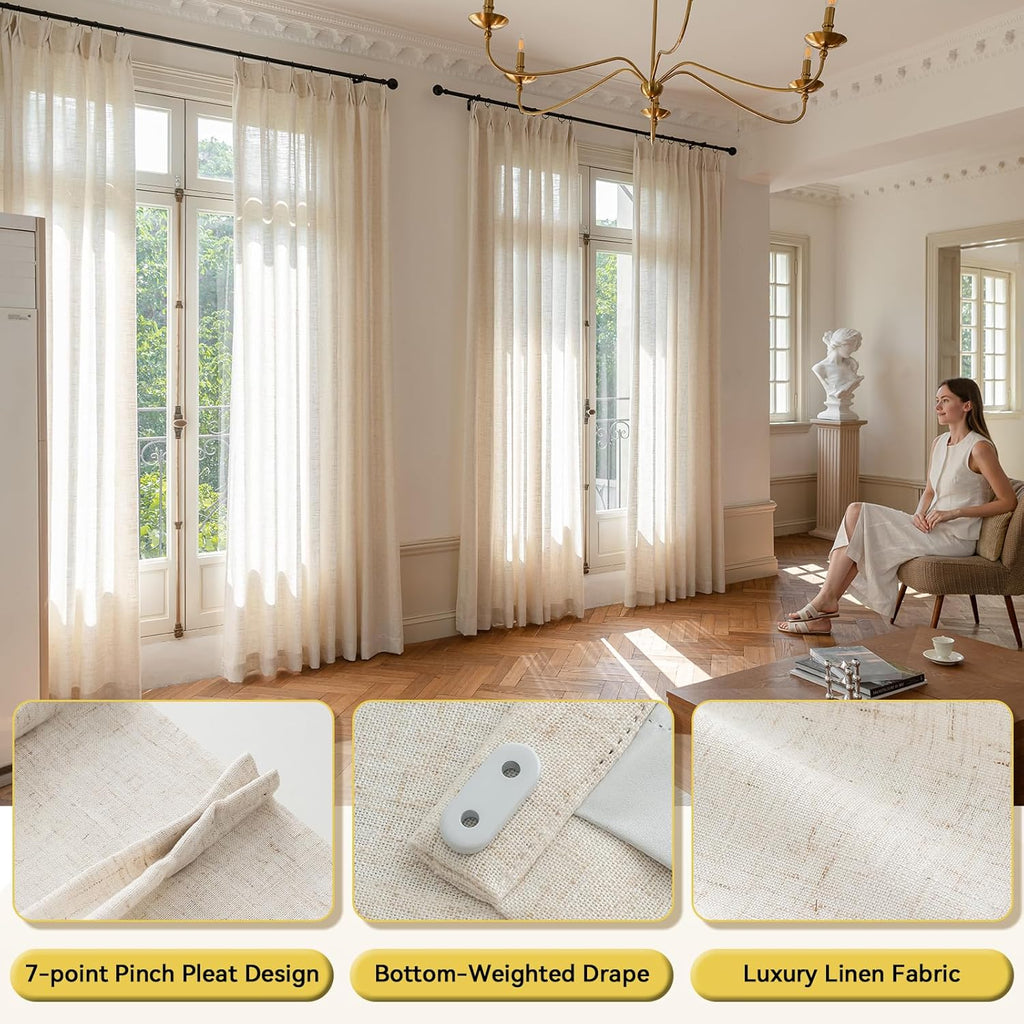 Liz Pinch Pleated Linen Curtains 84 Inches Long - Light Filtering Curtains, Semi Sheer Window Curtains, Luxury Pinch