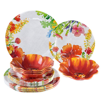 12 Piece Floral Melamine Dinnerware Sets, Outdoor Dishes Set, Plates and Bowls Sets, Service for 4, Multicolor