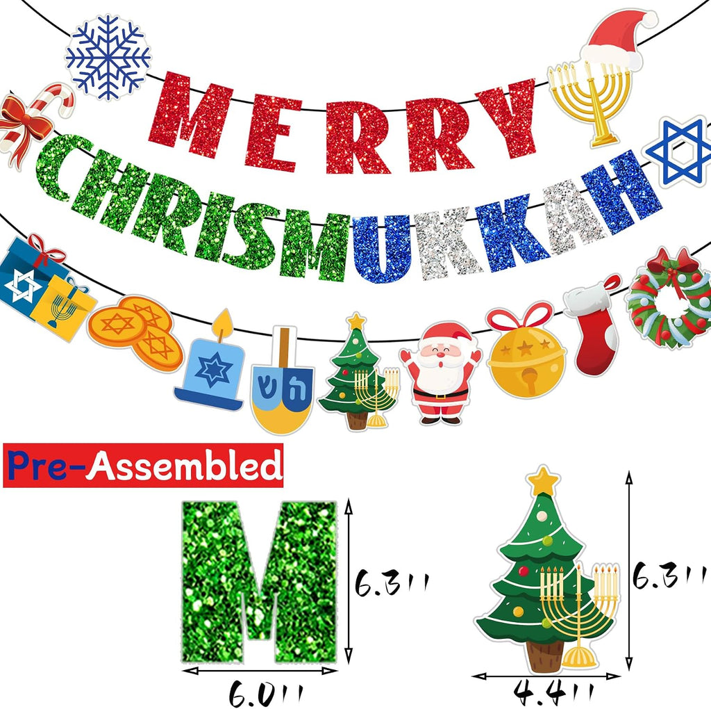 Merry Chrismukkah Banner Christmas and Hanukkah Decor Pre-Strung Hanukkah Chrismukkah Decorations Glitter Mixed - Set of 16
