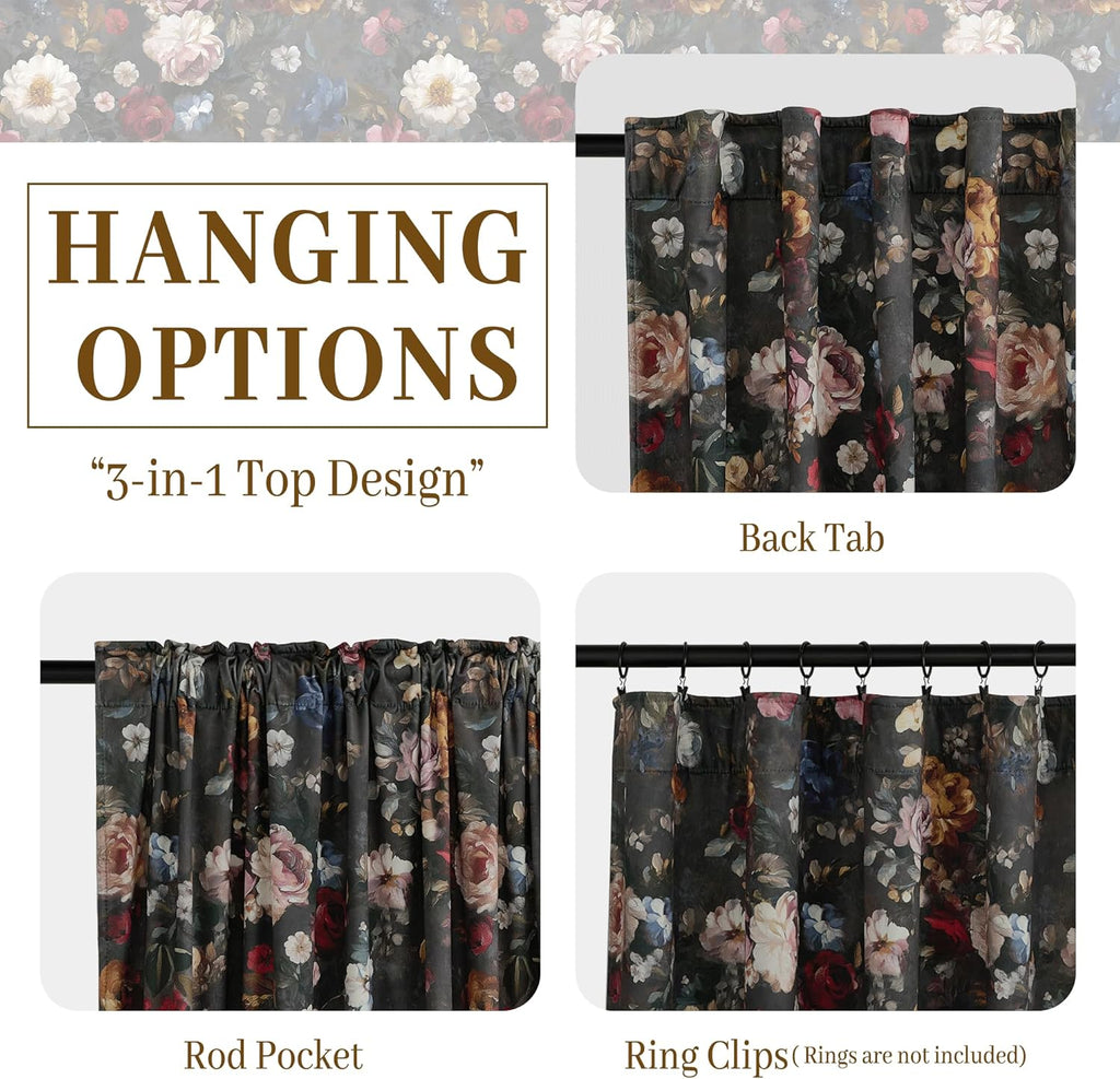 Floral Velvet Curtains 96 inches Long, Retro Blossom Printed Drapes with Energy Saving Luxury Decorative Floor to