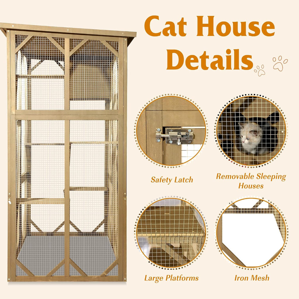 Cat Enclosure Large Outdoor Catio Wooden Cat House with Weatherproof, Cat Cage Condo Indoor Playpen with Platform