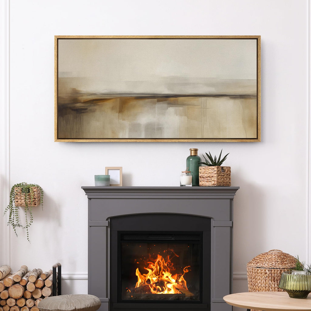 Extra Large Framed Canvas Print Wall Art Neutral Abstract Minimalist Beige and Brown Landscape Illustrations Modern
