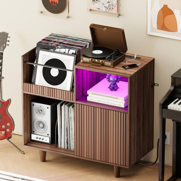 Record Player Stand with Sliding Door, 300+ Vinyl Record Storage