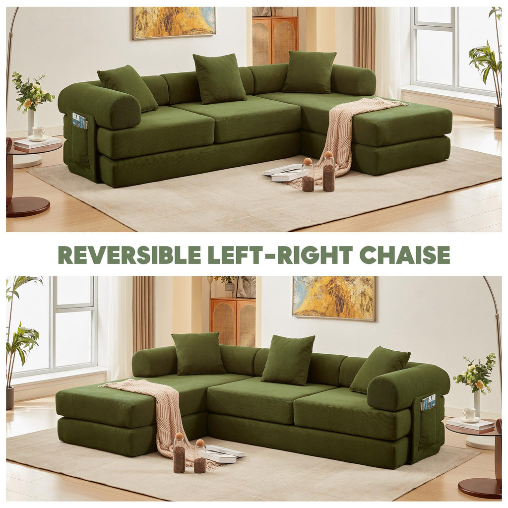 107" Modular Sectional Sofa Bed, L-Shape Corduroy Boneless Couch, Green