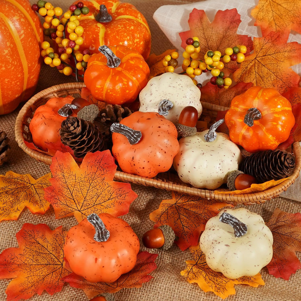 Artificial Pumpkins, Fall Harvest Decorations with Acorns, Pinecones, Berries, Maple Leaves for Farmhouse Fall - Set of 51